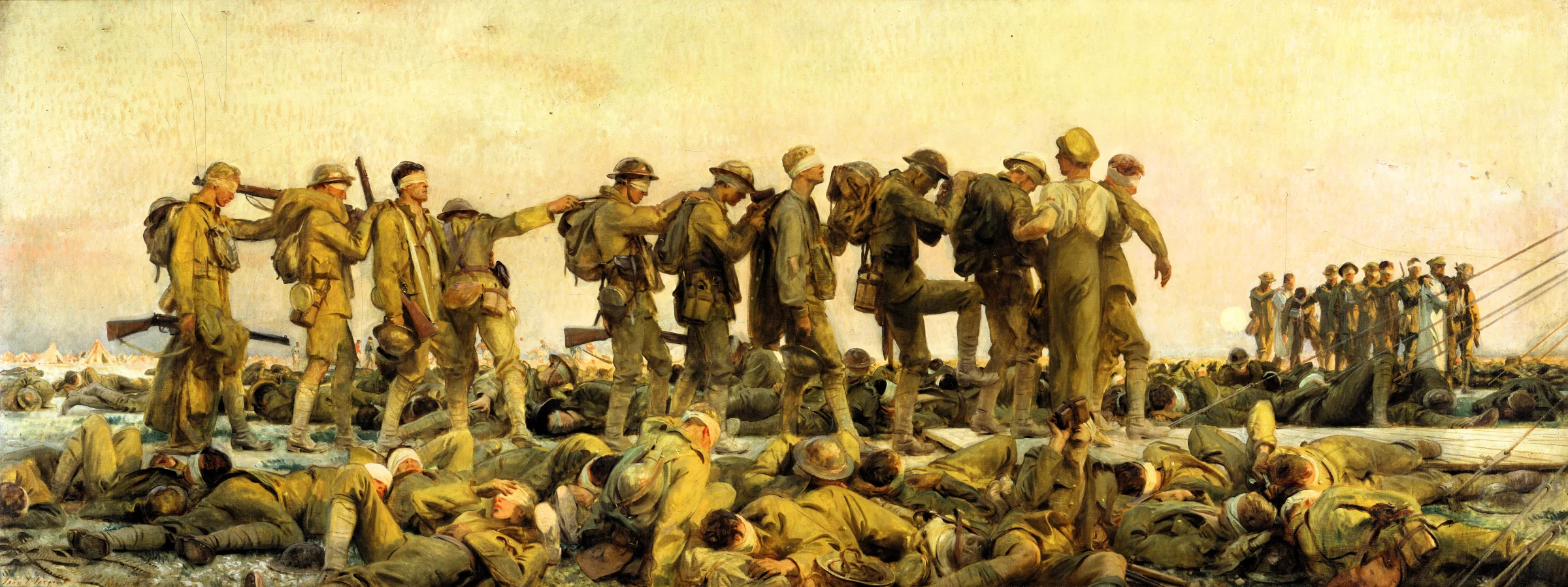 John Singer Sargent, Gassed, 1919, a line of blinded soldiers walking toward a dressing station after a mustard gas attack on the Western Front. Oil on canvas, Imperial War Museum, London.