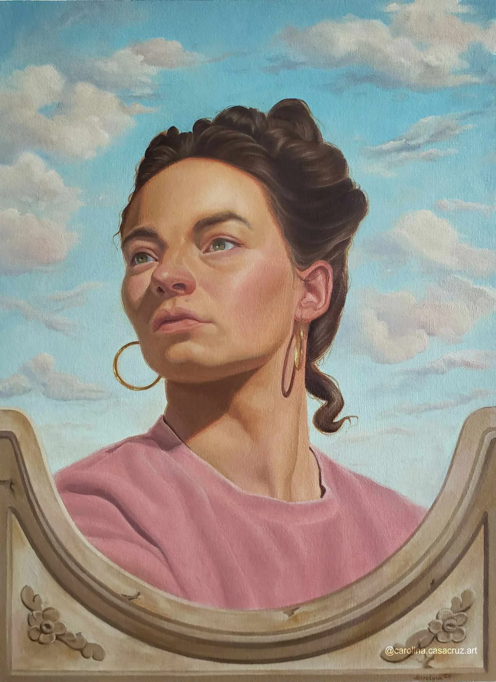 Portrait of a woman against a cloudy sky, oil painting by Carolina