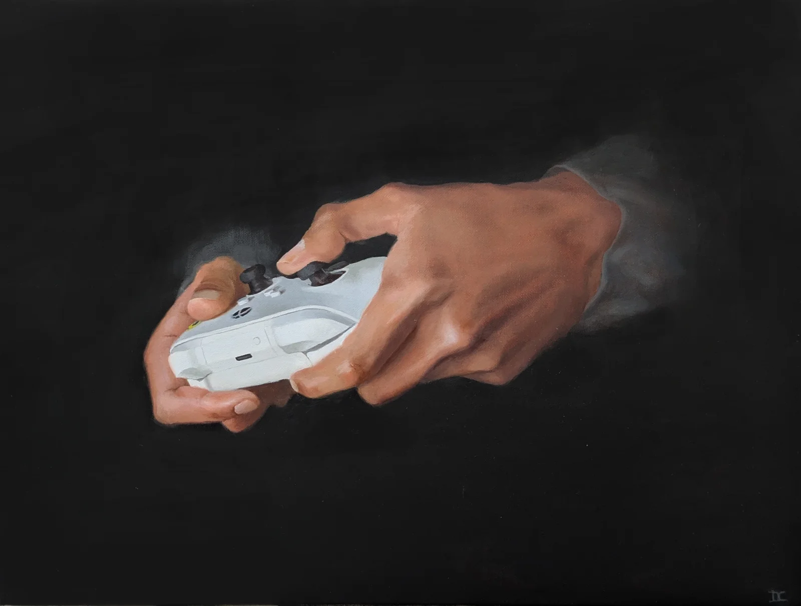 Hands gripping a game controller, oil painting by Dom
