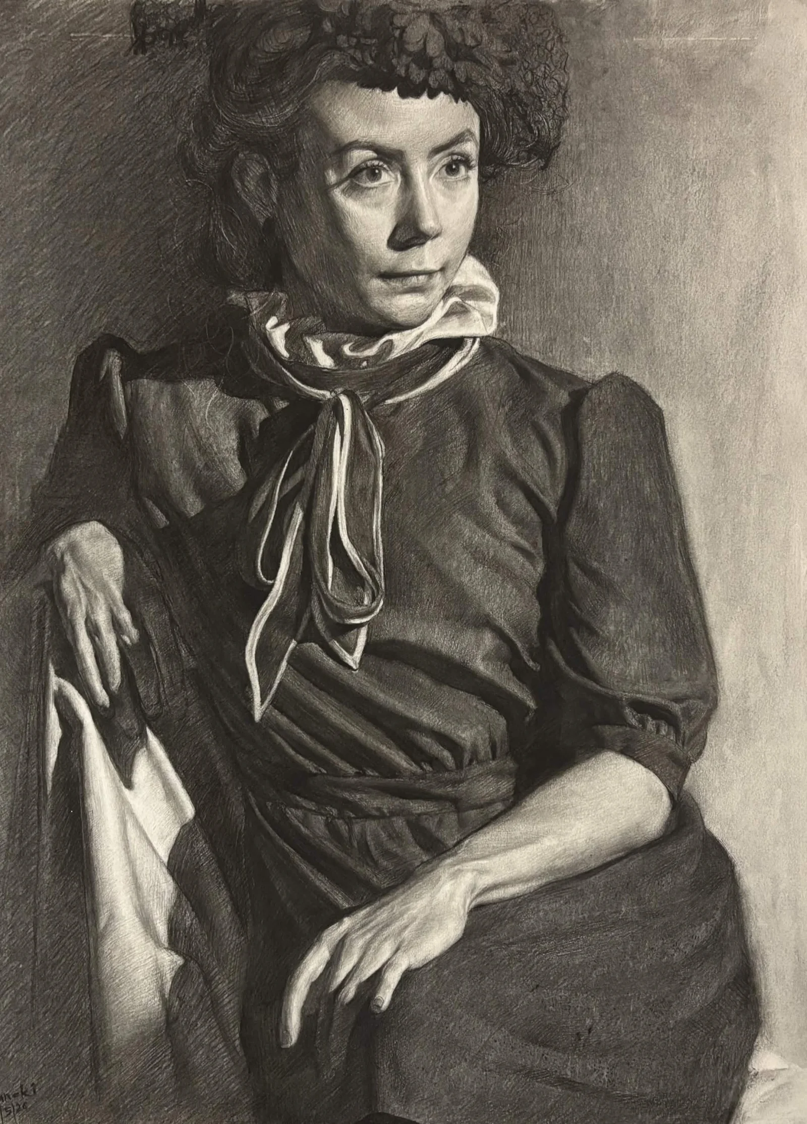 Seated portrait of a woman with a tied scarf, charcoal drawing by Kaneki