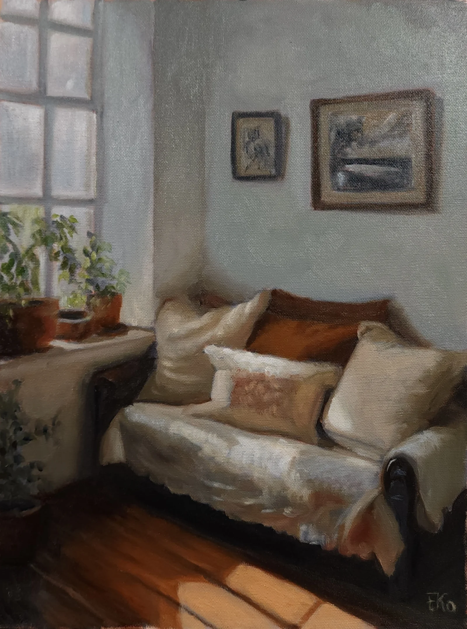 Sunlit living room interior with a window and pillows, oil painting by Tatiana