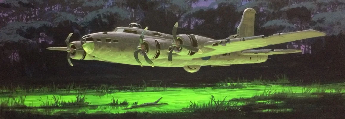 Atmospheric painting of a vintage bomber over a glowing green swamp by Bill Perkins.