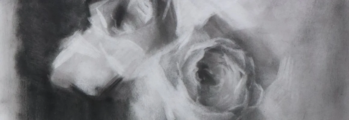 Charcoal still-life drawing of roses in a vase by Catherine Bobkoski.