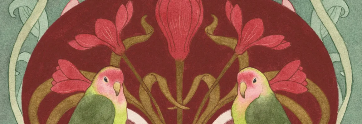 Art-nouveau illustration of lovebirds among stylized flowers by Julie Miette.