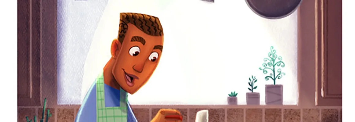 Children's-book illustration of a father and child in a kitchen by Larissa Brown.