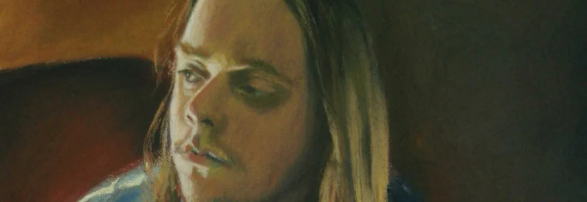 Pastel portrait of a seated figure with long hair by Marian Littlejohn.