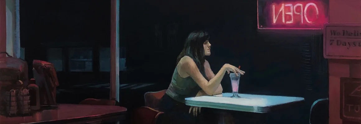 Painting of a woman at a late-night diner by Renae Wang.