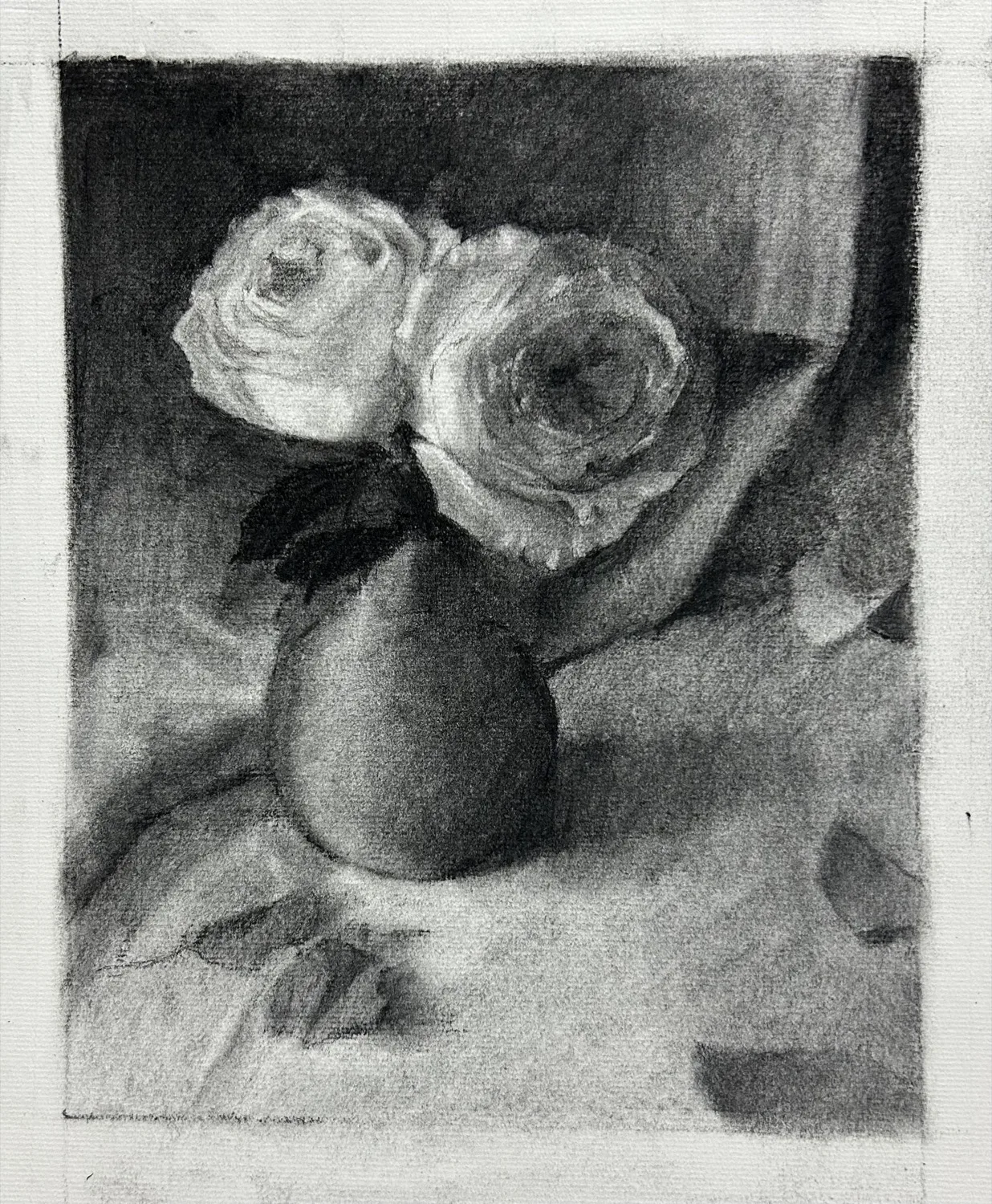 Charcoal drawing of roses in a vase, by Aby