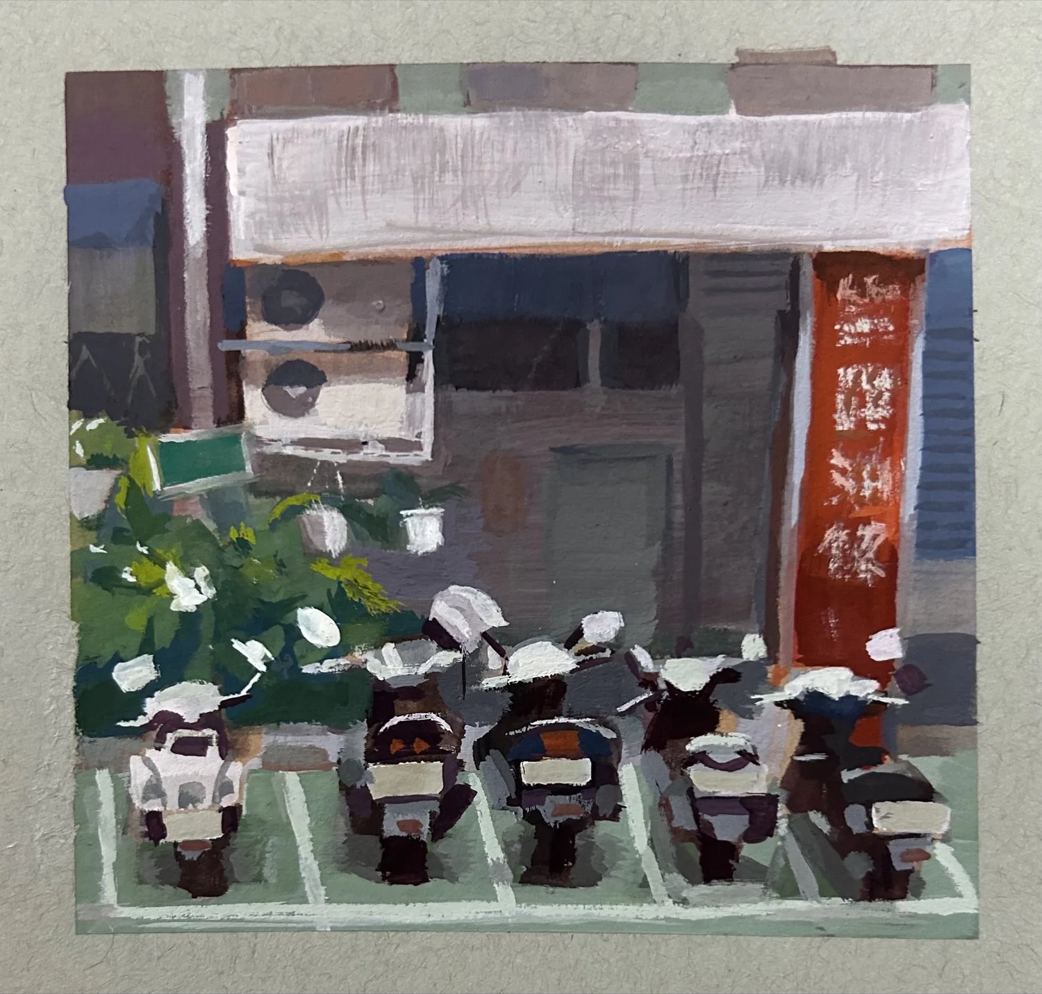 Gouache painting of parked scooters on a street, by Aby