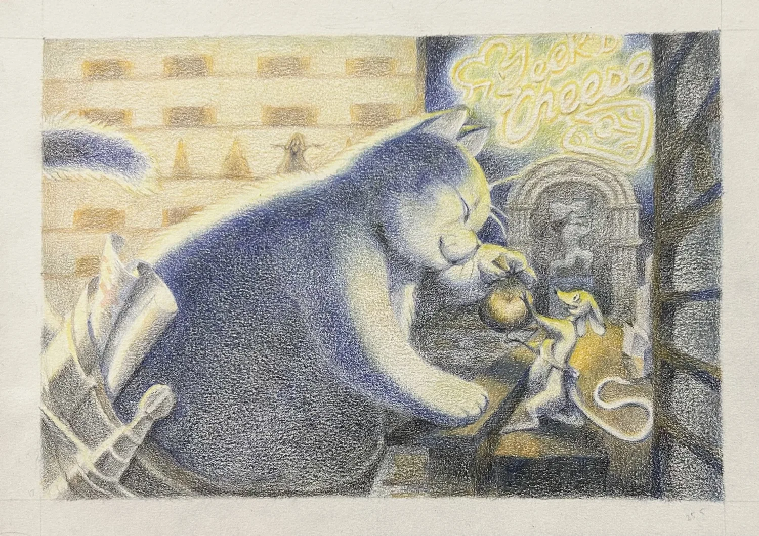 Colored-pencil illustration of a cat and a mouse at a cheese shop, by Aby