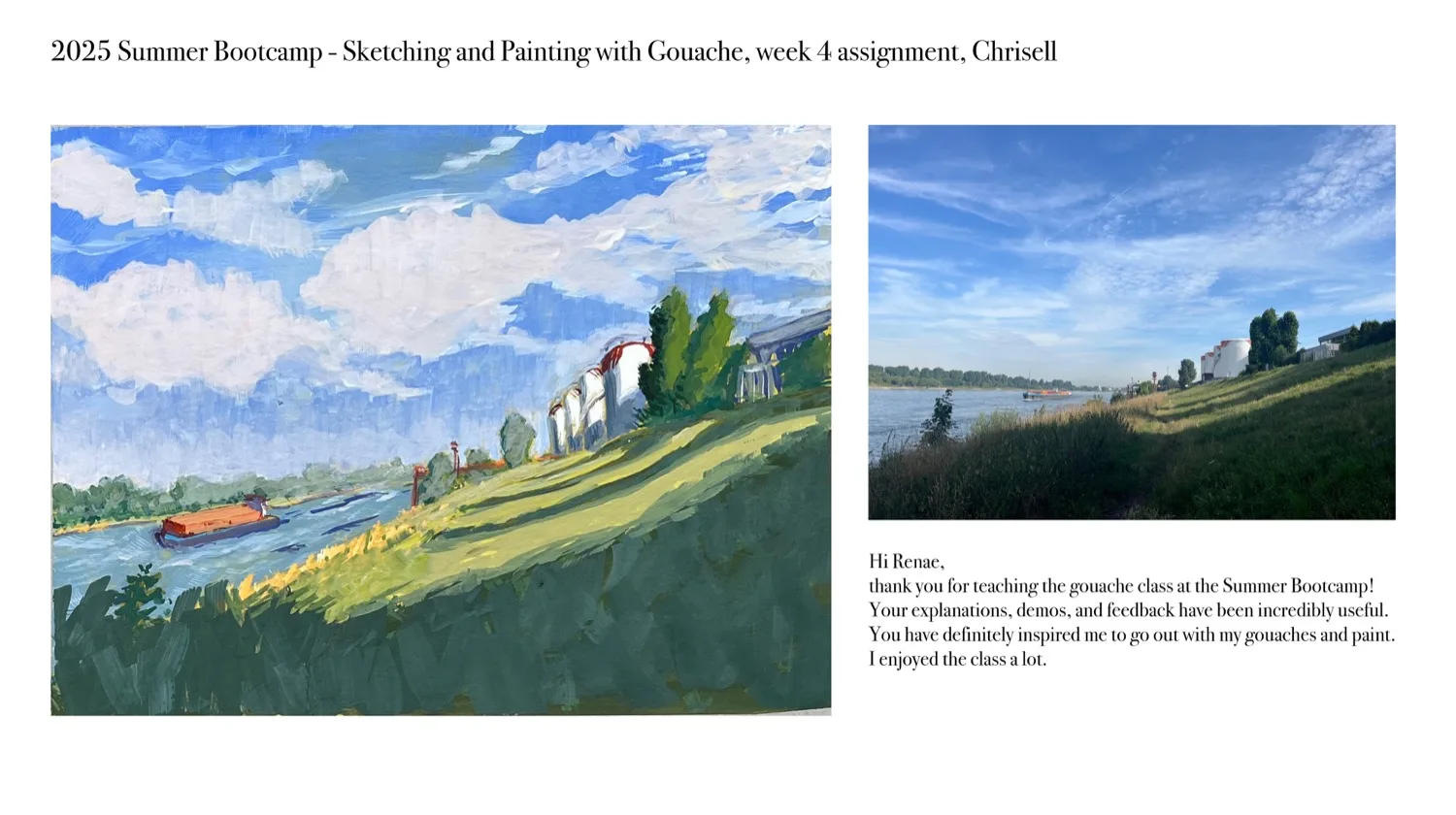 Gouache landscape of a river and grassy embankment, by Chrisell