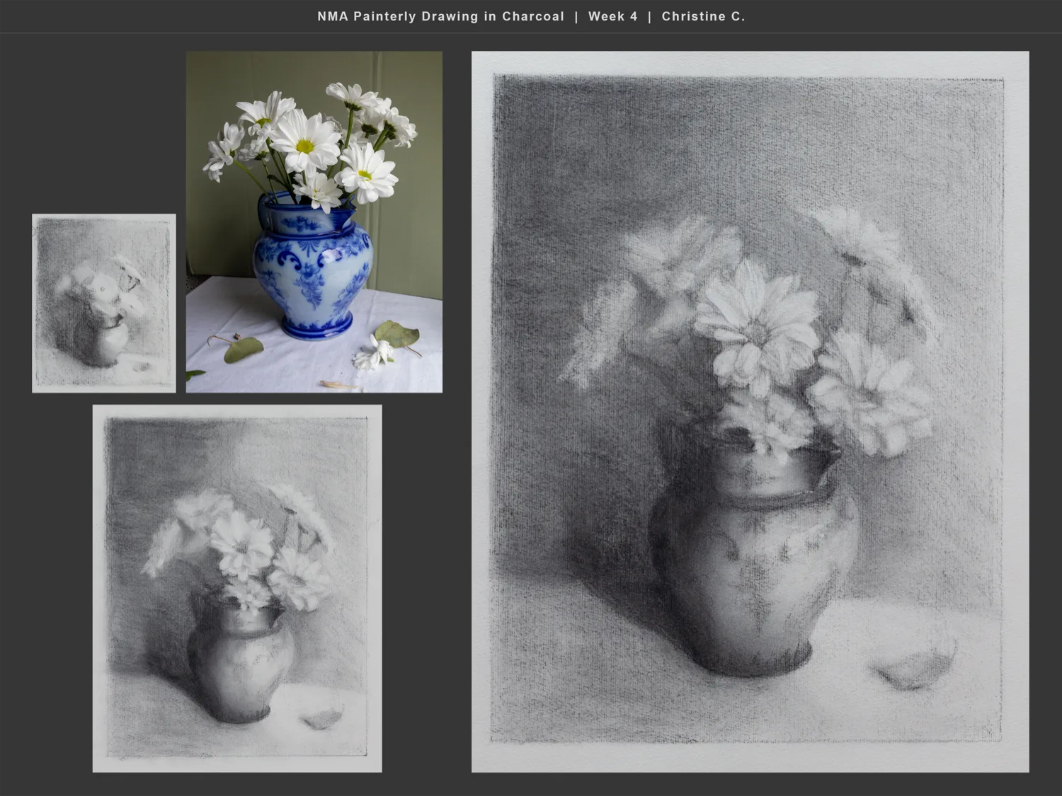 Charcoal still life of daisies in a vase, by Christine C.