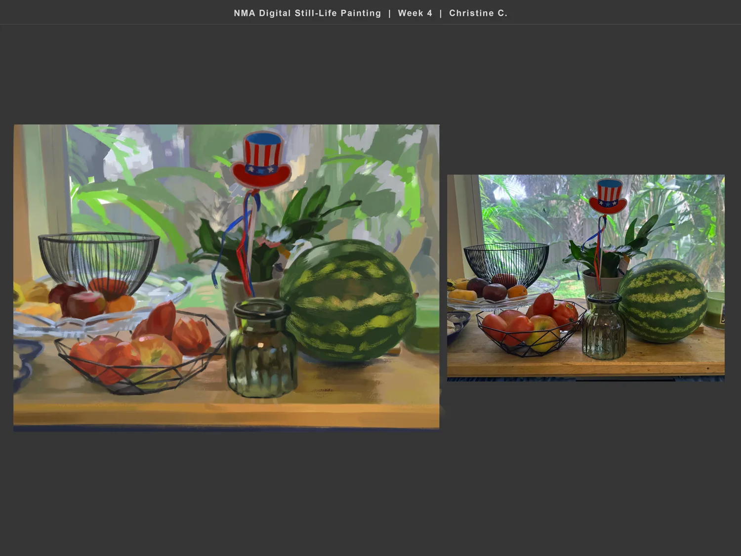 Digital still-life painting of fruit and a watermelon by a window, by Christine C.