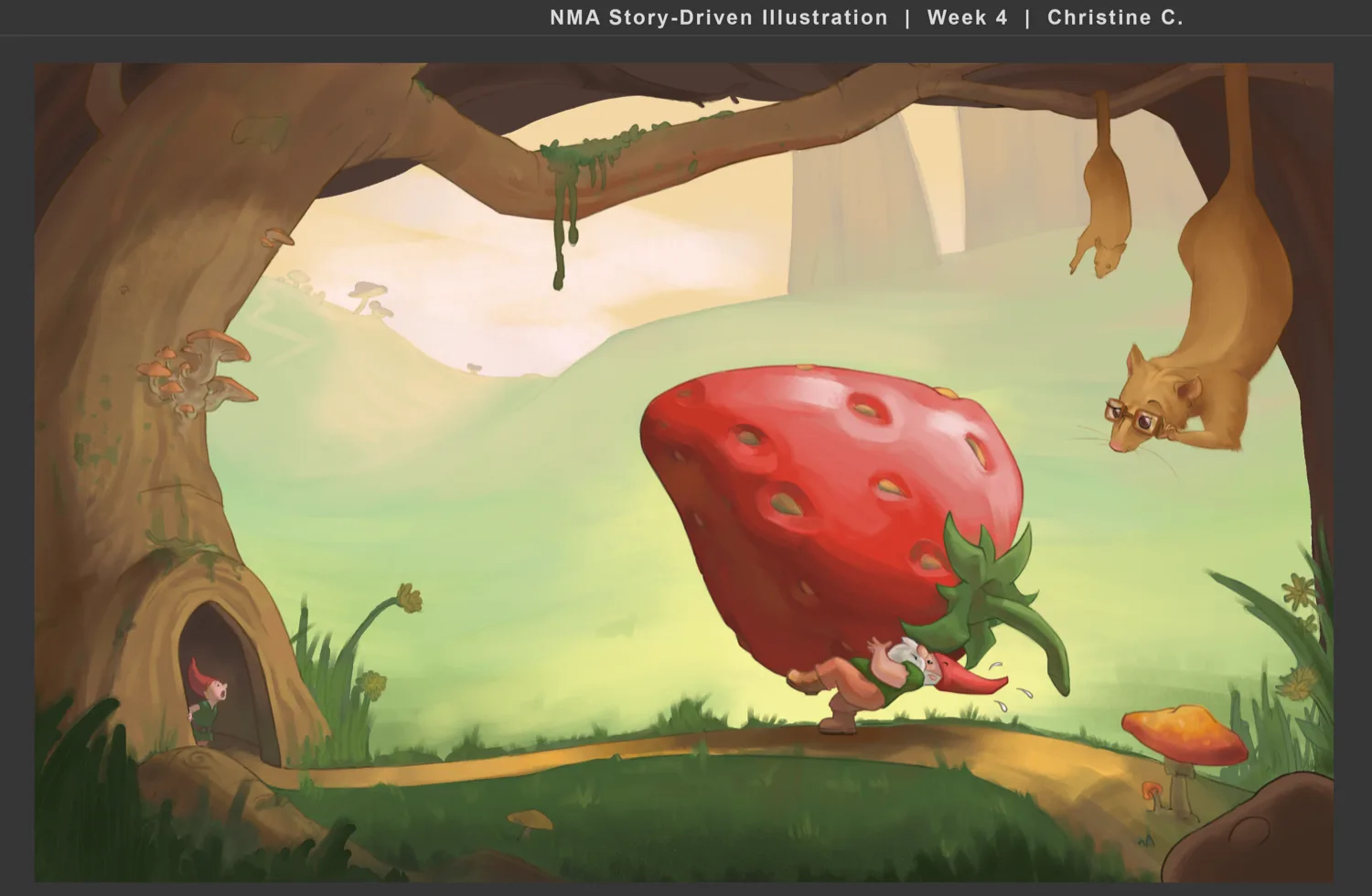 Story-driven illustration of a gnome carrying a giant strawberry, by Christine C.