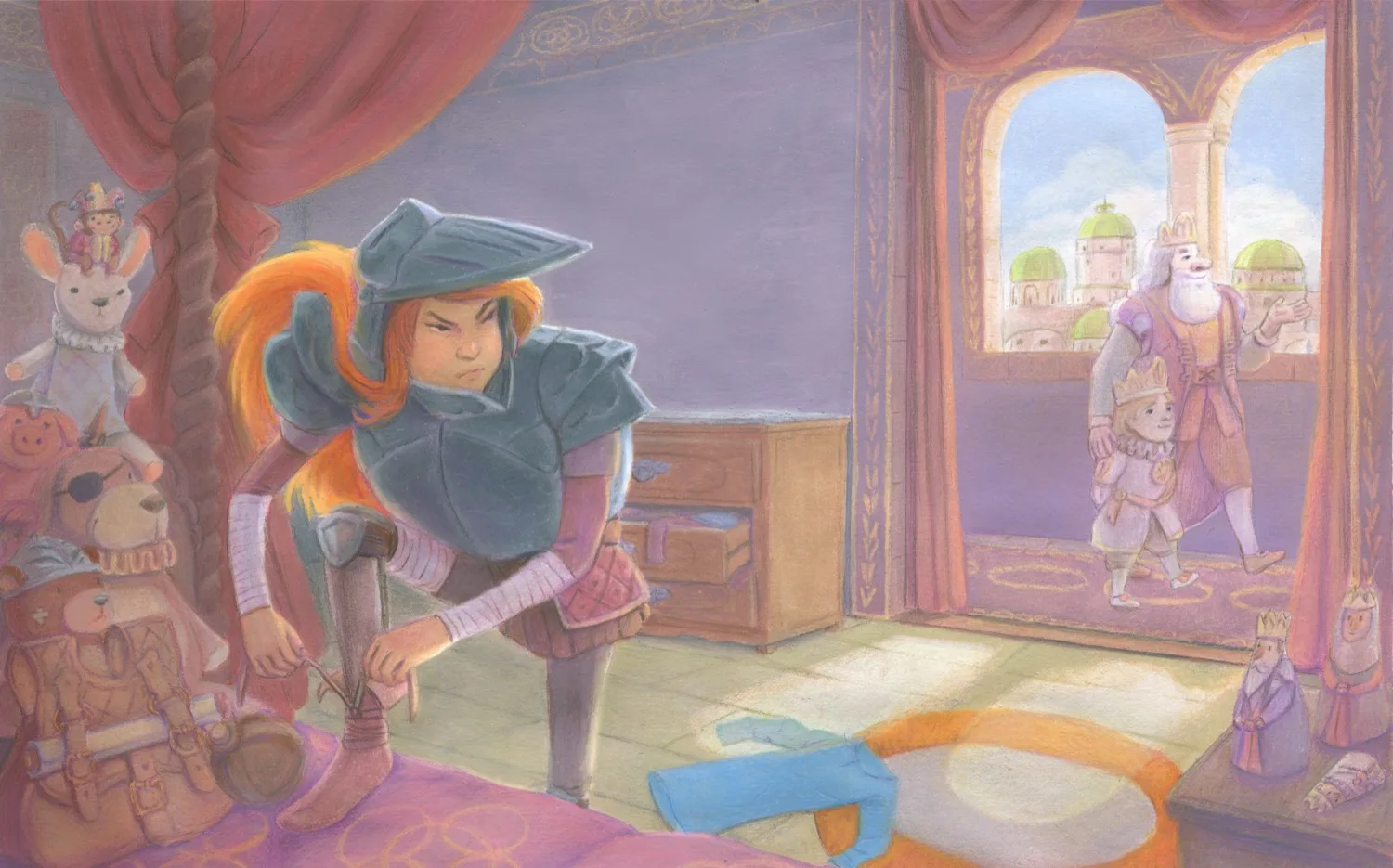 Illustration of a young knight lacing a boot, by Meeray