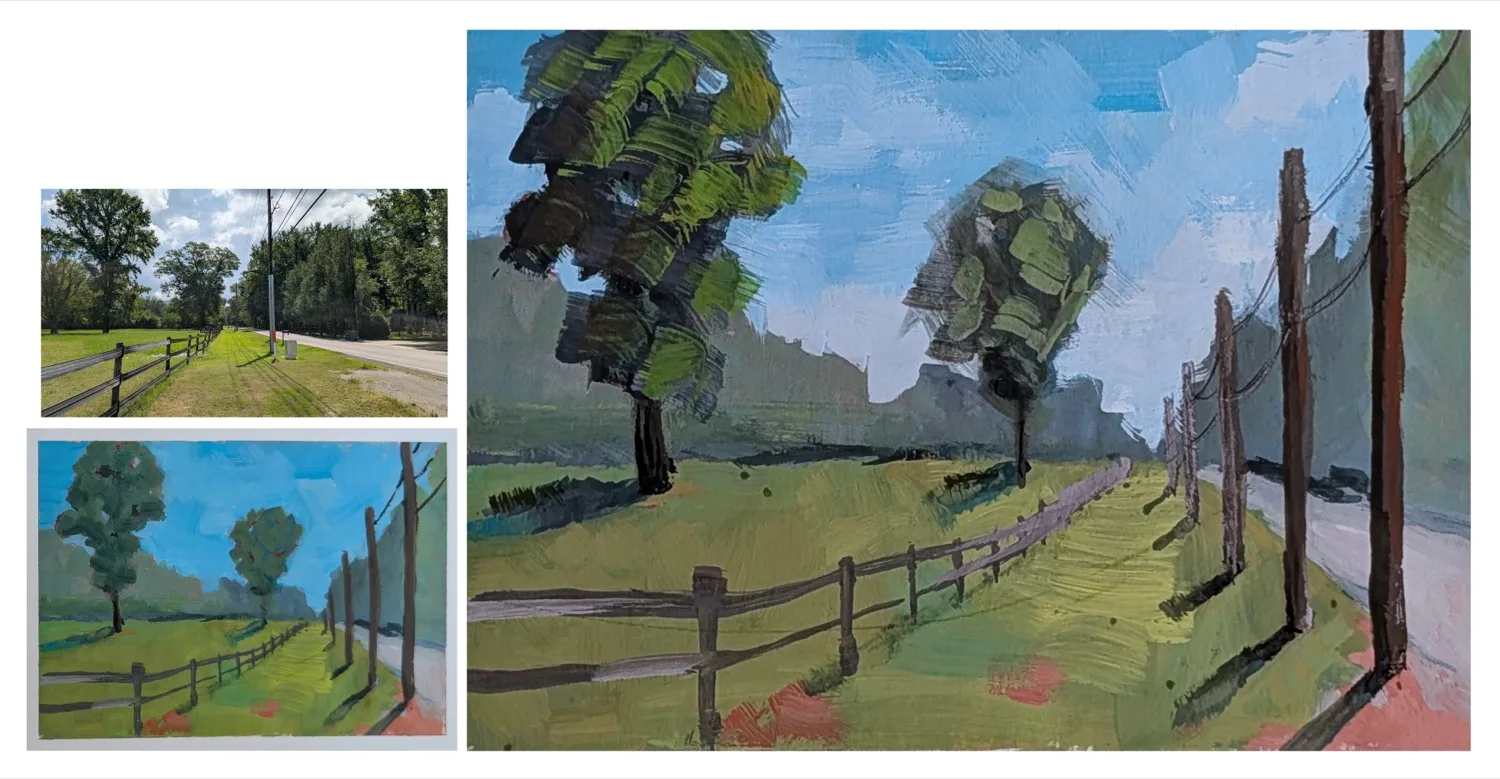 Gouache landscape of trees, a fence, and power lines, by Natasha