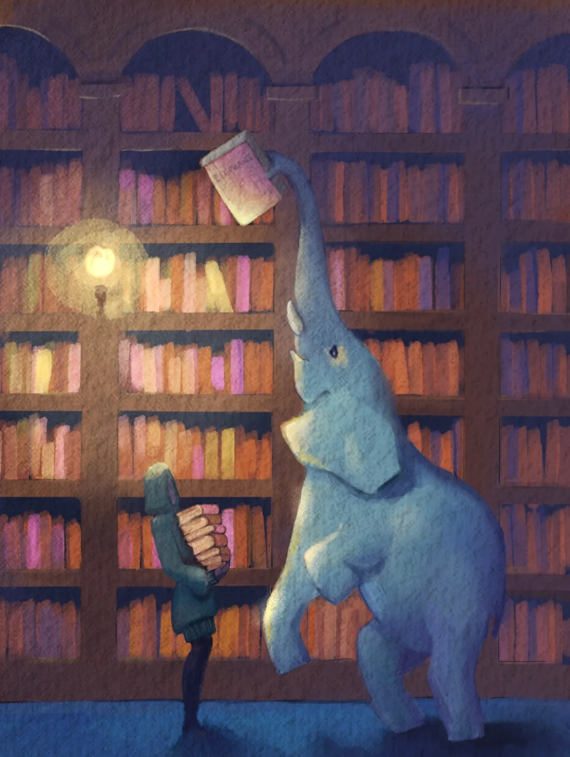Watercolor illustration of an elephant reaching for a library book, by Natasha