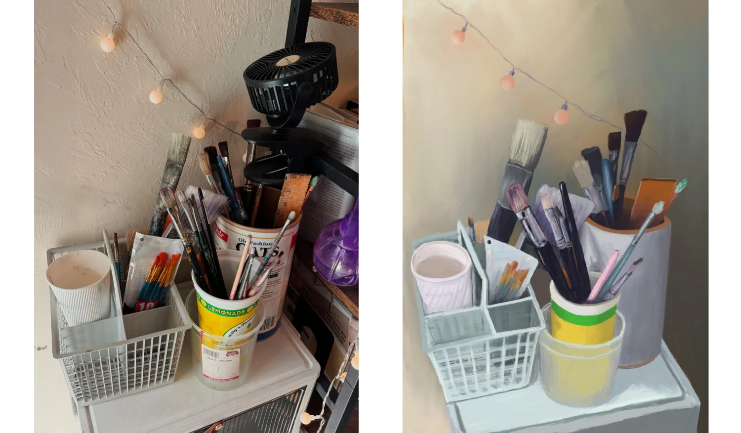 Painting of paintbrushes in studio containers, by Rachel W.