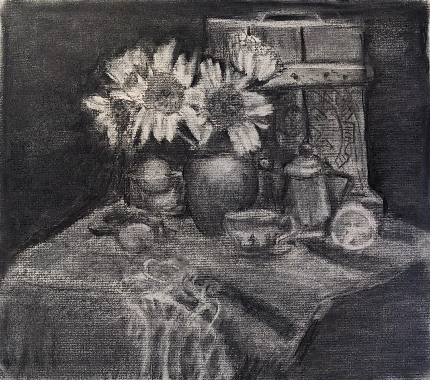Charcoal still life of sunflowers and pottery, by Sandra