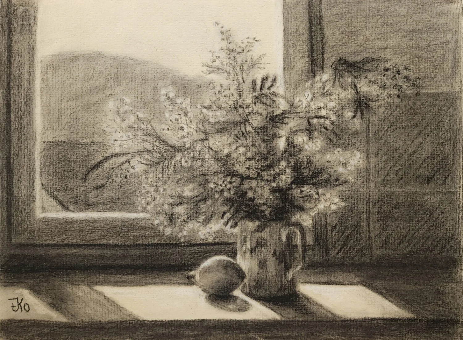 Charcoal drawing of flowers in a pitcher by a window, by Tatiana