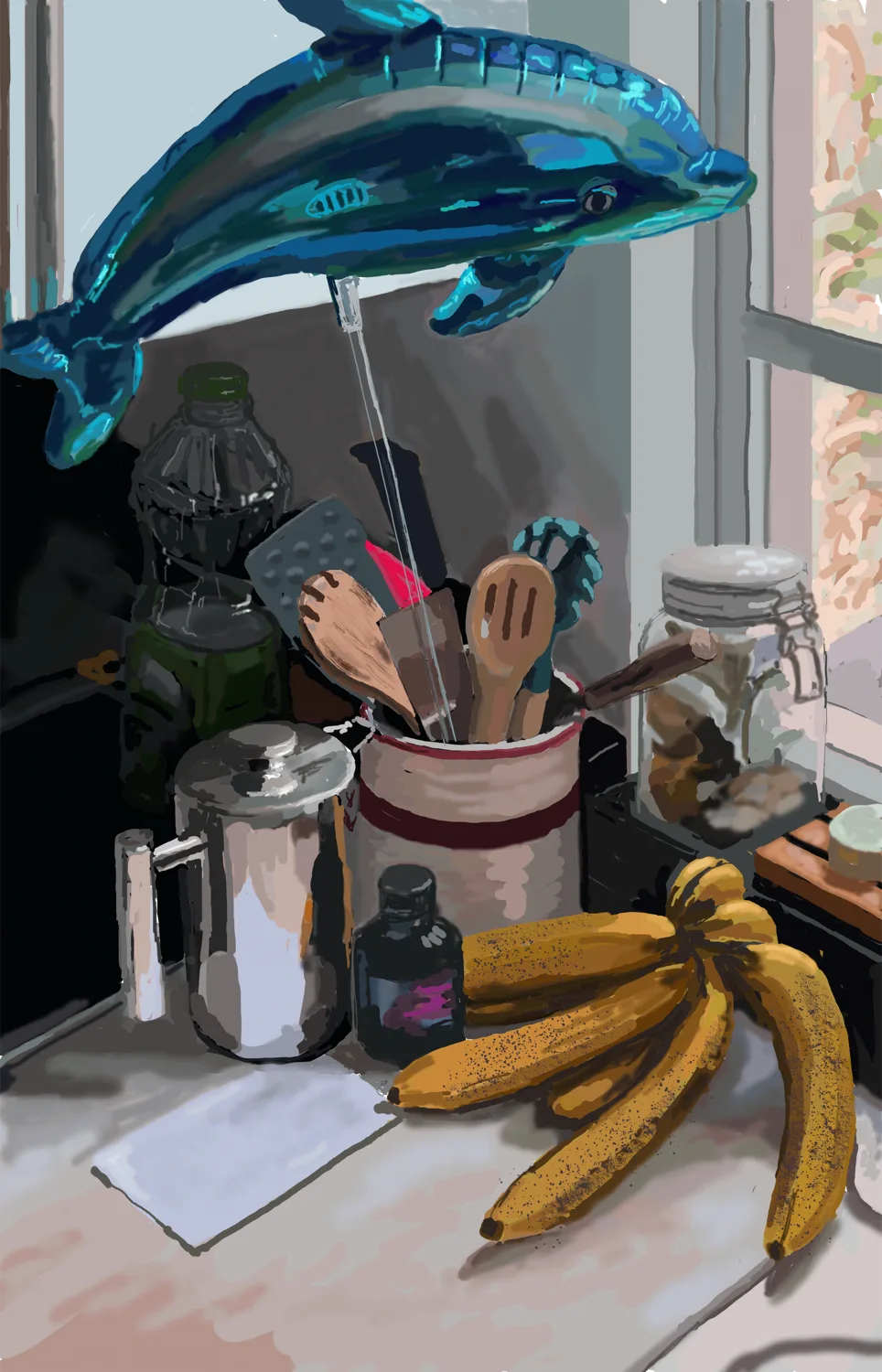 Digital still-life painting with a fish kite, utensils, and bananas, by Tatiana